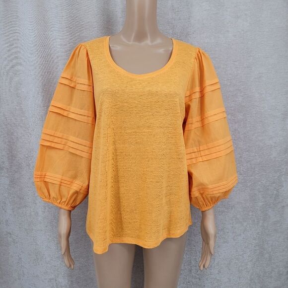 Chico's Linen Tangerine Orange Puff Lantern Sleeve Top Women's Large - Picture 1 of 10
